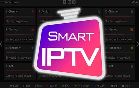 Smart IPTV home screen with categorized live TV channels and electronic program guide