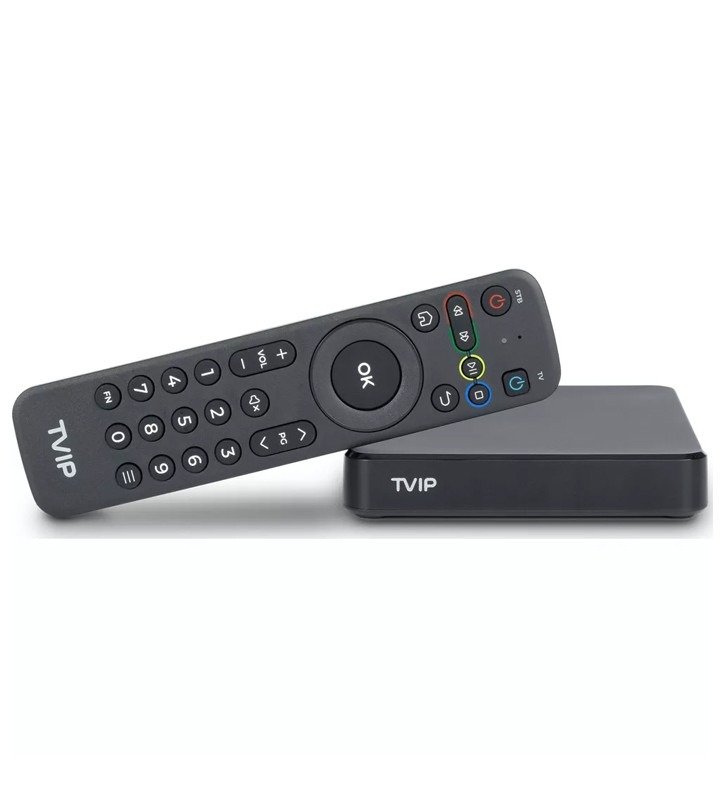 TVIP Box for IPTV – A compact streaming device with remote control for seamless IPTV viewing